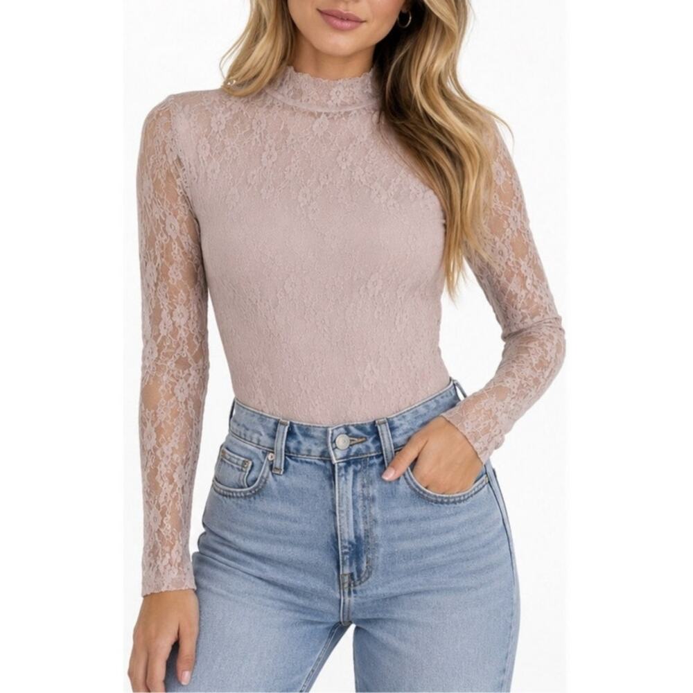 Self Esteem Y2K Blush Pink Floral Lace Mock Neck Long Sleeve Bodysuit Sheer XS